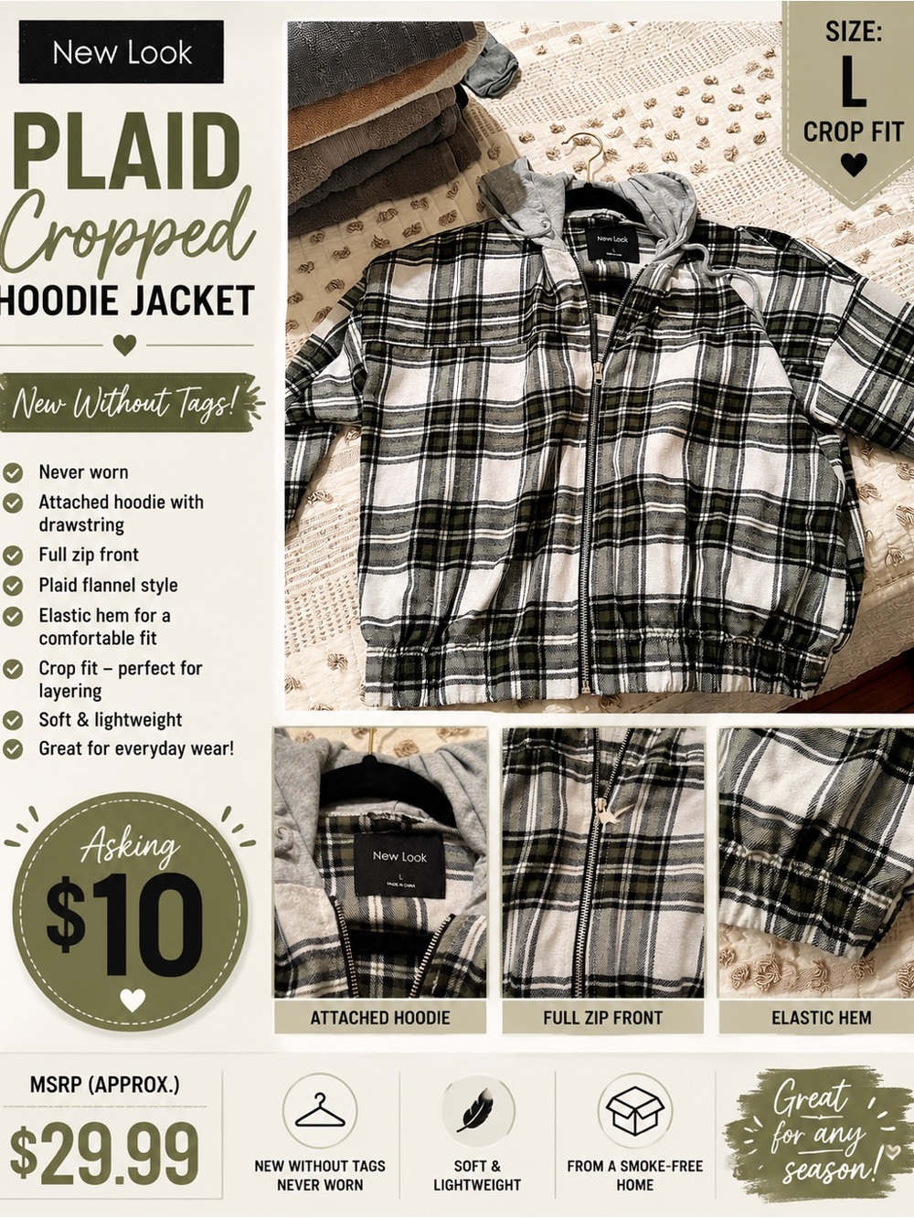 New Look Olive Green and White Plaid Cropped Hoodie Jacket